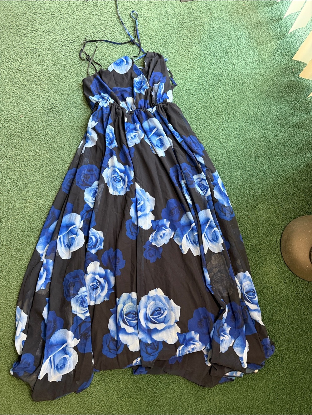 Lulu's Black Maxi Dress with Blue Rose Print